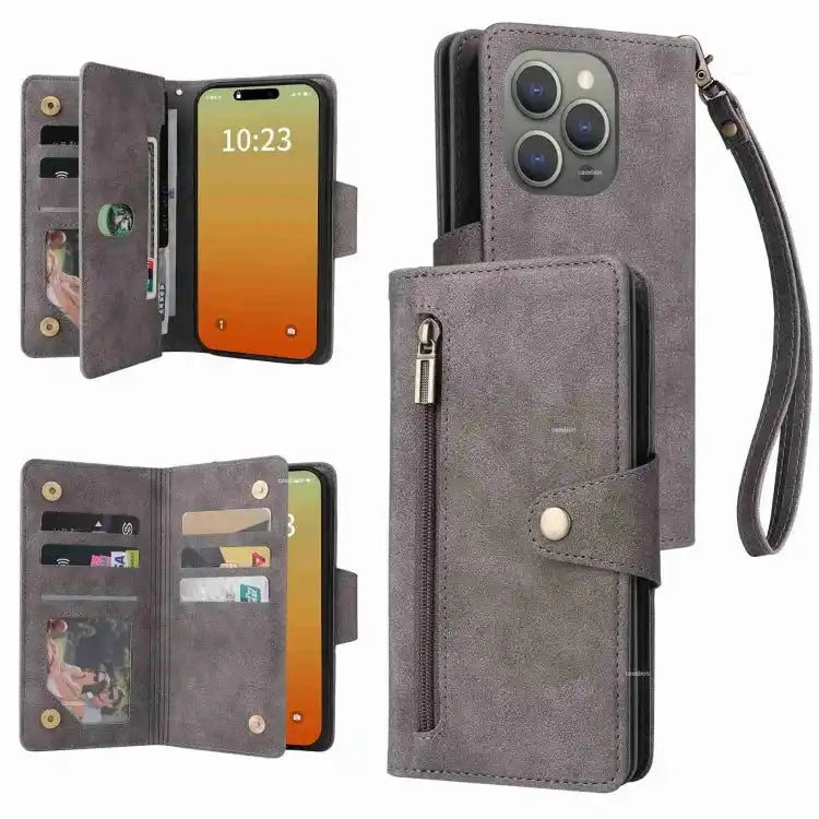 Rivet Buckle 9 Cards Three Fold Leather Phone Case MyMobile