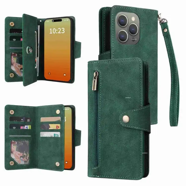 Rivet Buckle 9 Cards Three Fold Leather Phone Case MyMobile