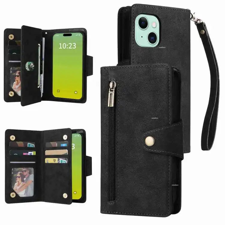 Rivet Buckle 9 Cards Three Fold Leather Phone Case MyMobile