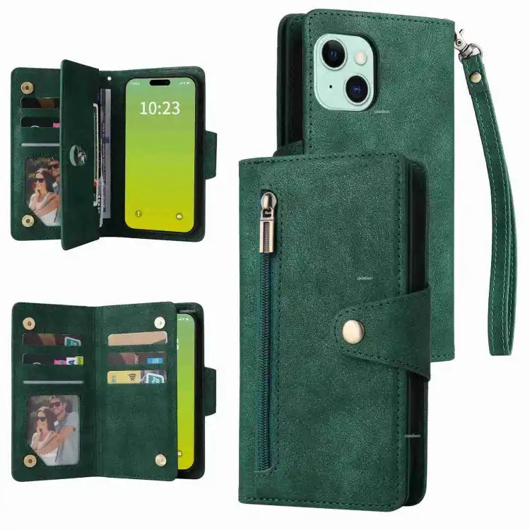 Rivet Buckle 9 Cards Three Fold Leather Phone Case MyMobile