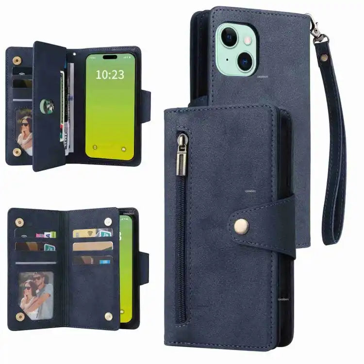 Rivet Buckle 9 Cards Three Fold Leather Phone Case MyMobile