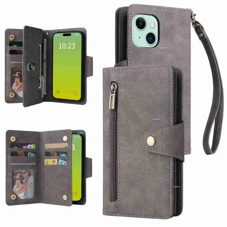 Rivet Buckle 9 Cards Three Fold Leather Phone Case MyMobile