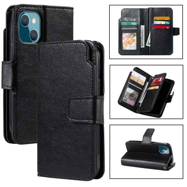 Tri-Fold 9-Card Wallets Leather Phone Case