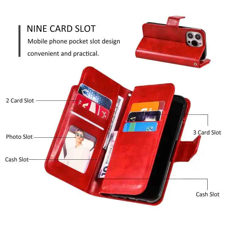 Tri-Fold 9-Card Wallets Leather Phone Case