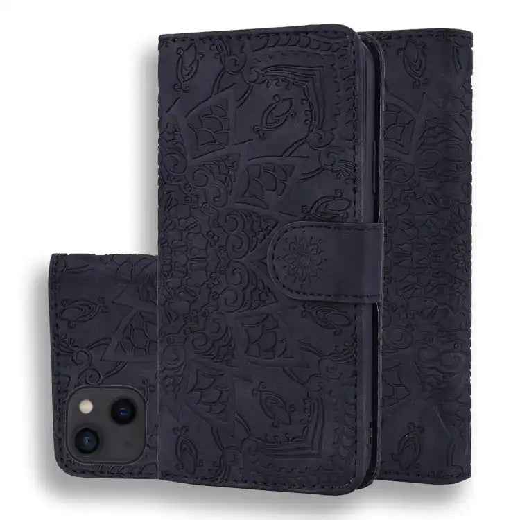 Mandala Embossed Dual-Fold Calf Leather Phone Case