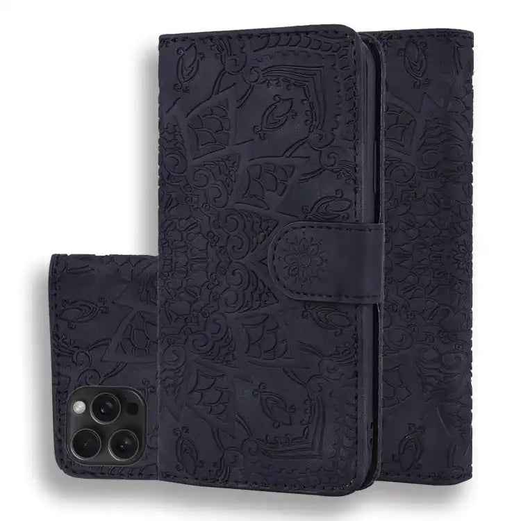 Mandala Embossed Dual-Fold Calf Leather Phone Case