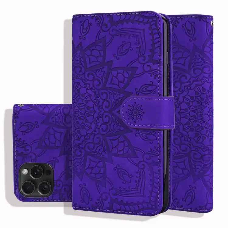 Mandala Embossed Dual-Fold Calf Leather Phone Case