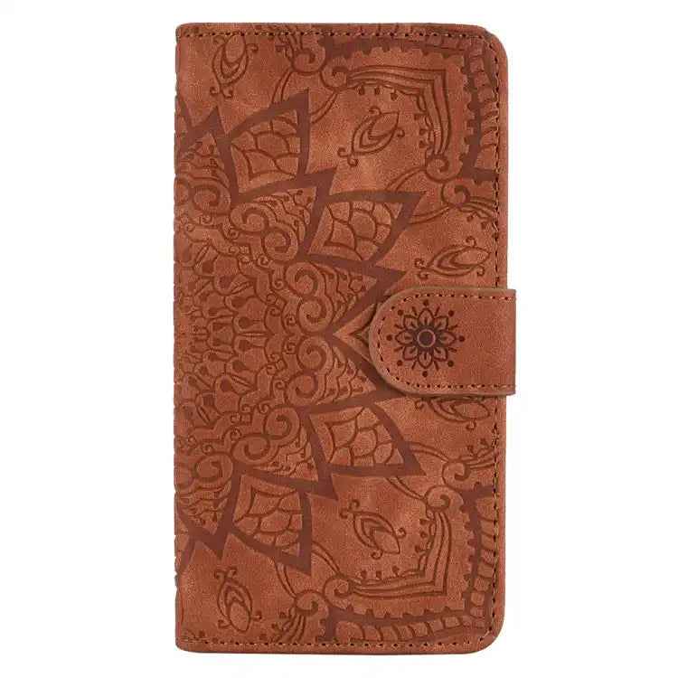 Mandala Embossed Dual-Fold Calf Leather Phone Case