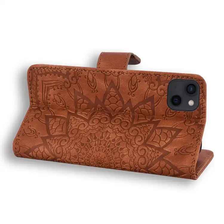 Mandala Embossed Dual-Fold Calf Leather Phone Case
