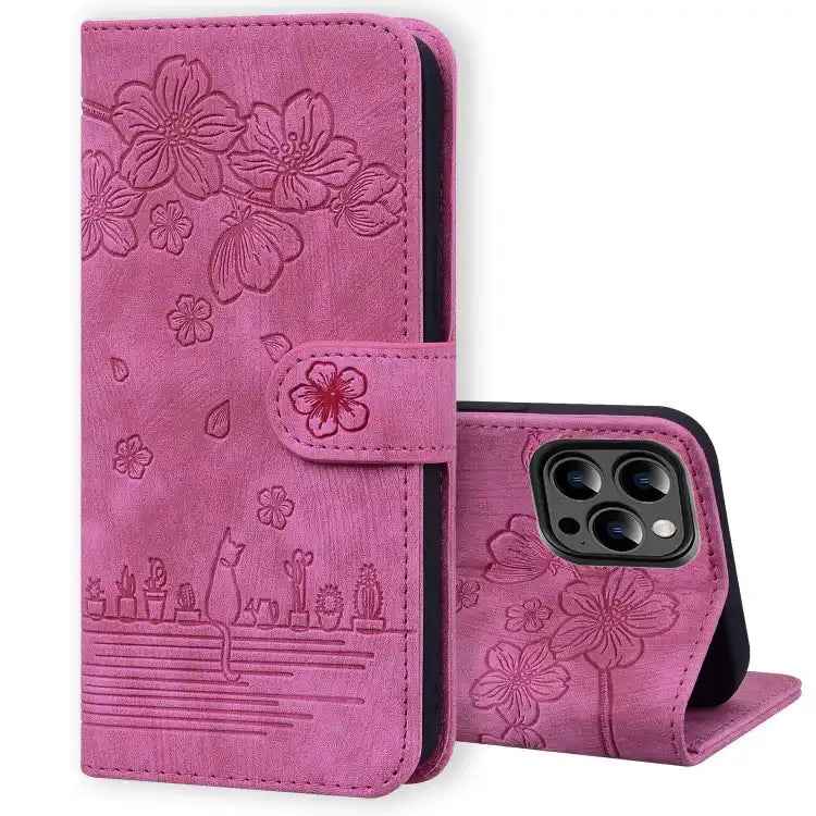 Cartoon Sakura Cat Embossed Leather Phone Case