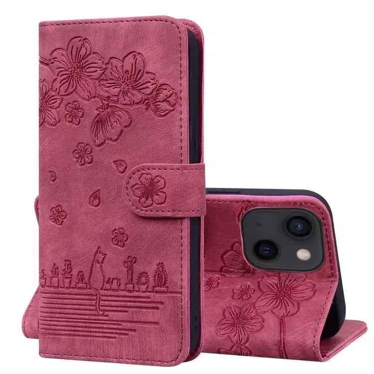 Cartoon Sakura Cat Embossed Leather Phone Case
