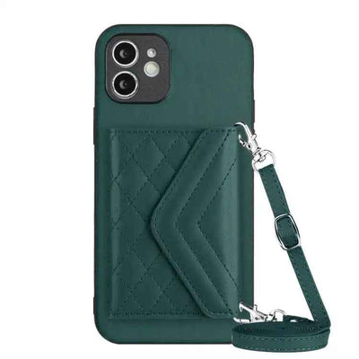 Rhombic Texture Card Bag RFID Phone Case with Long Lanyard