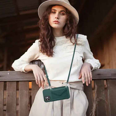 Rhombic Texture Card Bag RFID Phone Case with Long Lanyard