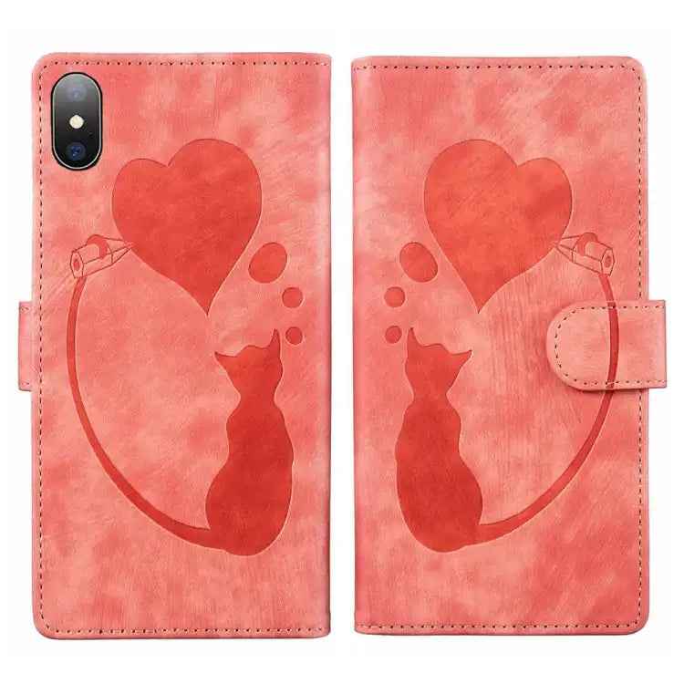 Pen Heart Cat Embossed Leather Phone Case