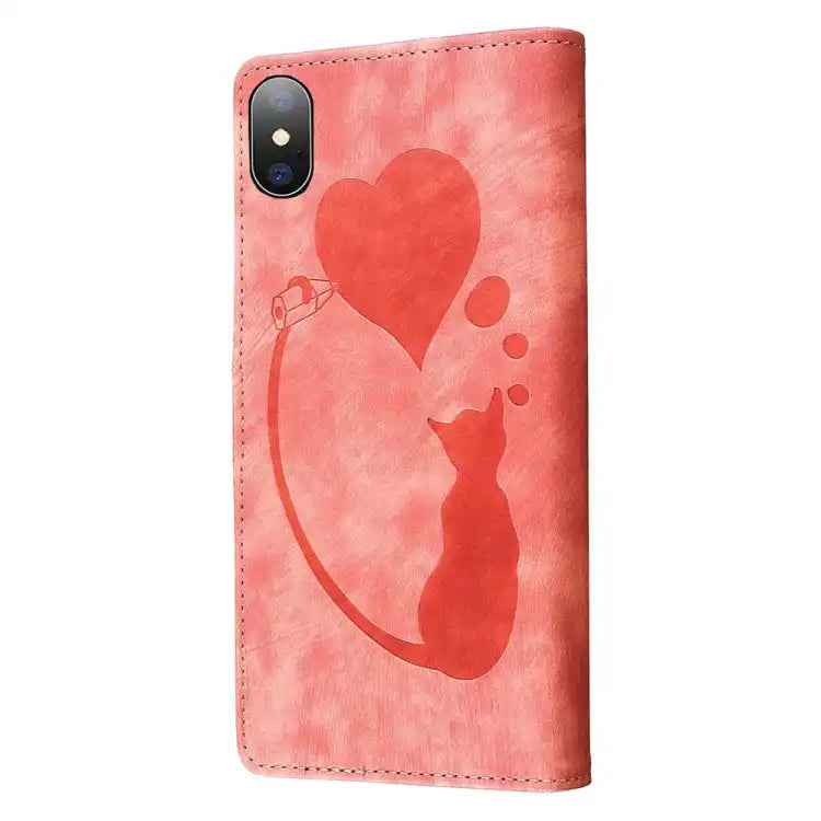 Pen Heart Cat Embossed Leather Phone Case