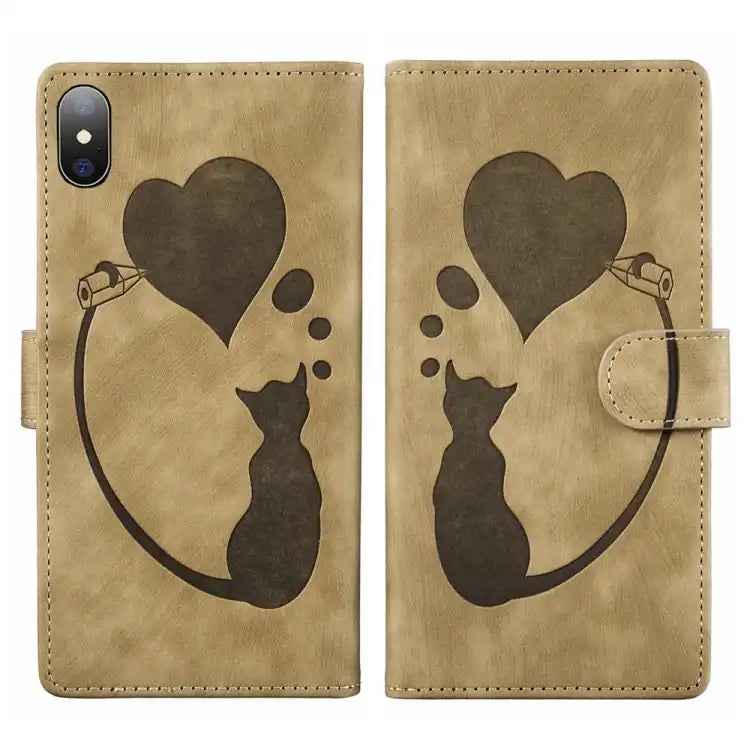 Pen Heart Cat Embossed Leather Phone Case