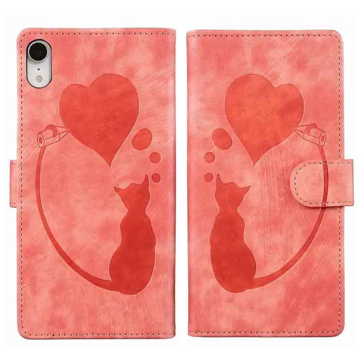 Pen Heart Cat Embossed Leather Phone Case