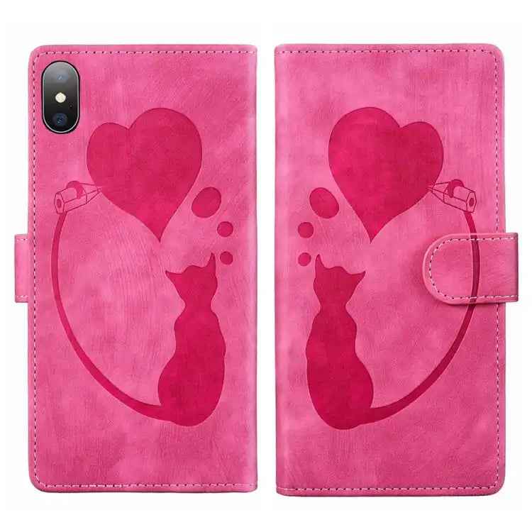 Pen Heart Cat Embossed Leather Phone Case
