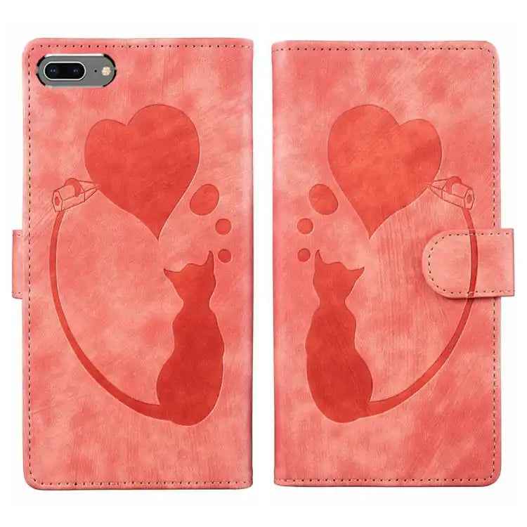 Pen Heart Cat Embossed Leather Phone Case