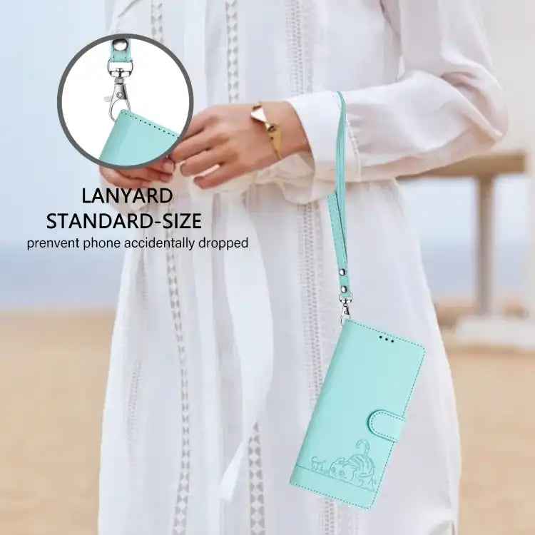 Cat Rat Embossed Pattern RFID Leather Phone Case with Lanyard