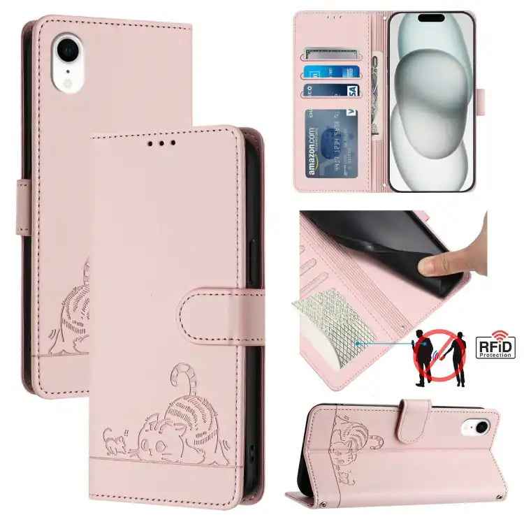 Cat Rat Embossed Pattern RFID Leather Phone Case with Lanyard