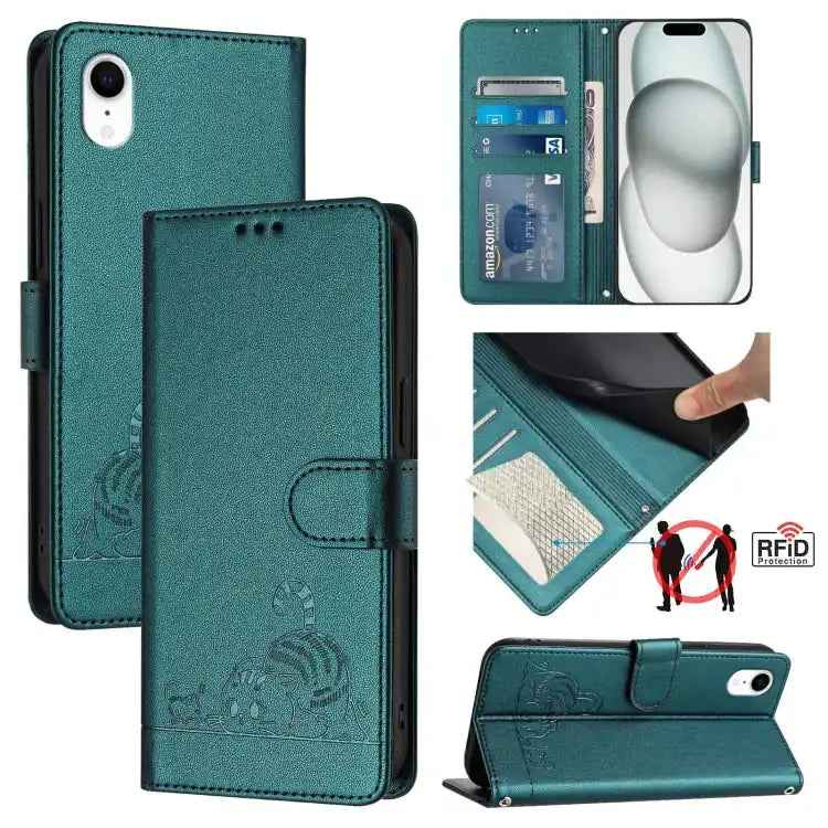 Cat Rat Embossed Pattern RFID Leather Phone Case with Lanyard