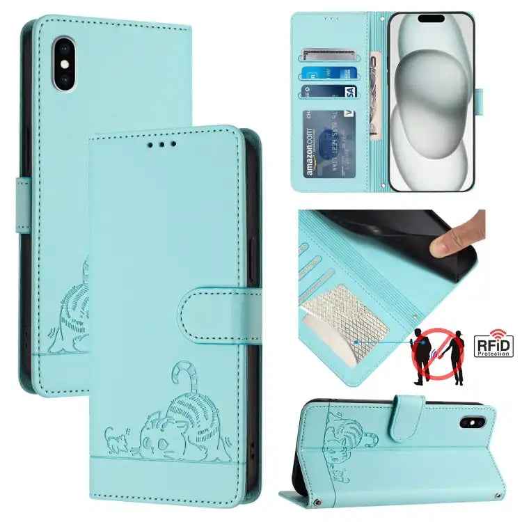 Cat Rat Embossed Pattern RFID Leather Phone Case with Lanyard