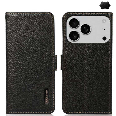 KHAZNEH Side-Magnetic Litchi Genuine Leather RFID Case