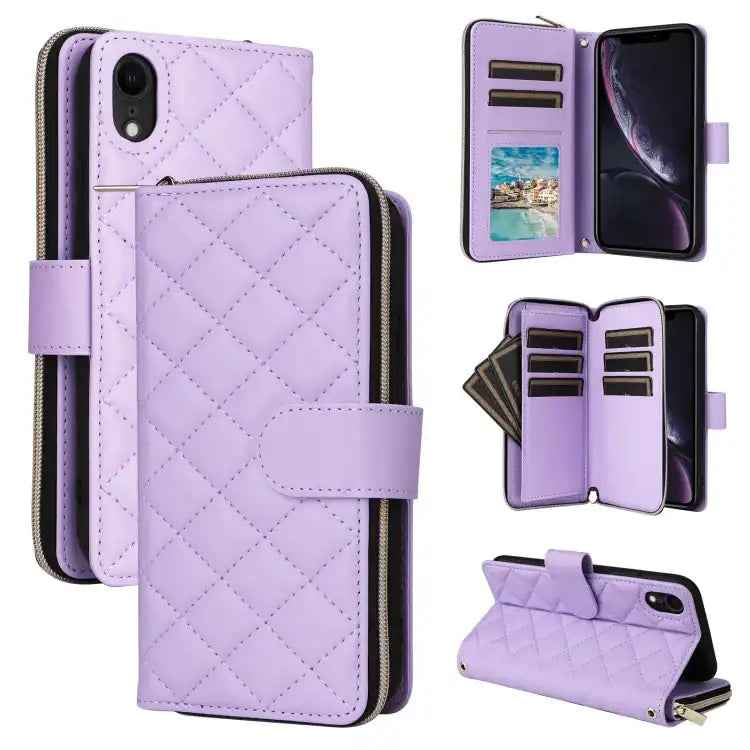 Crossbody Rhombic Zipper Tower Buckle Leather Phone Case with Lanyard