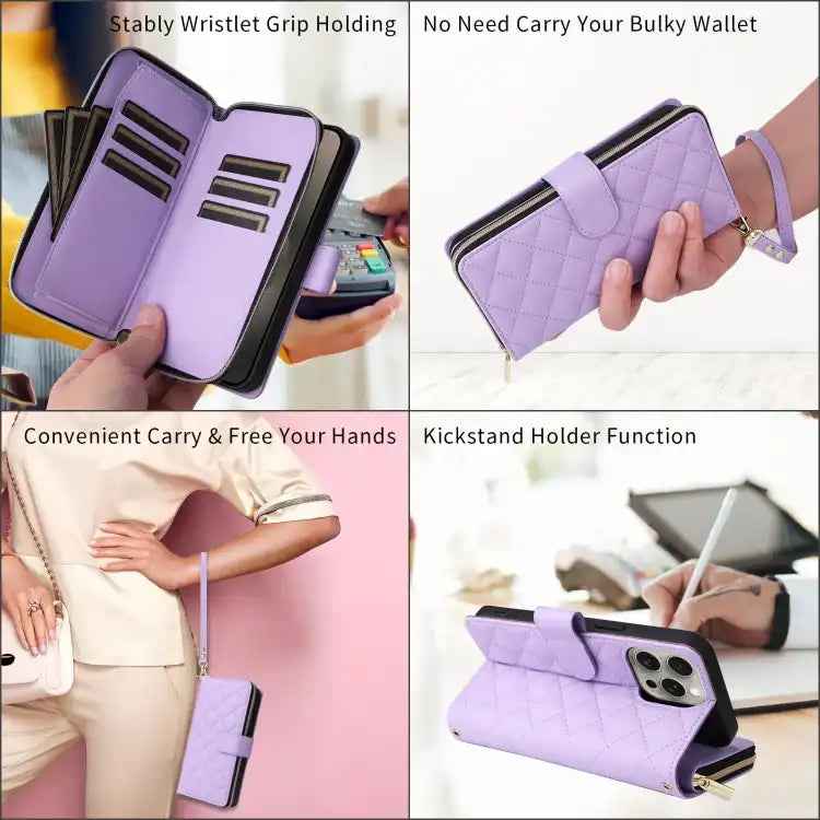 Crossbody Rhombic Zipper Tower Buckle Leather Phone Case with Lanyard