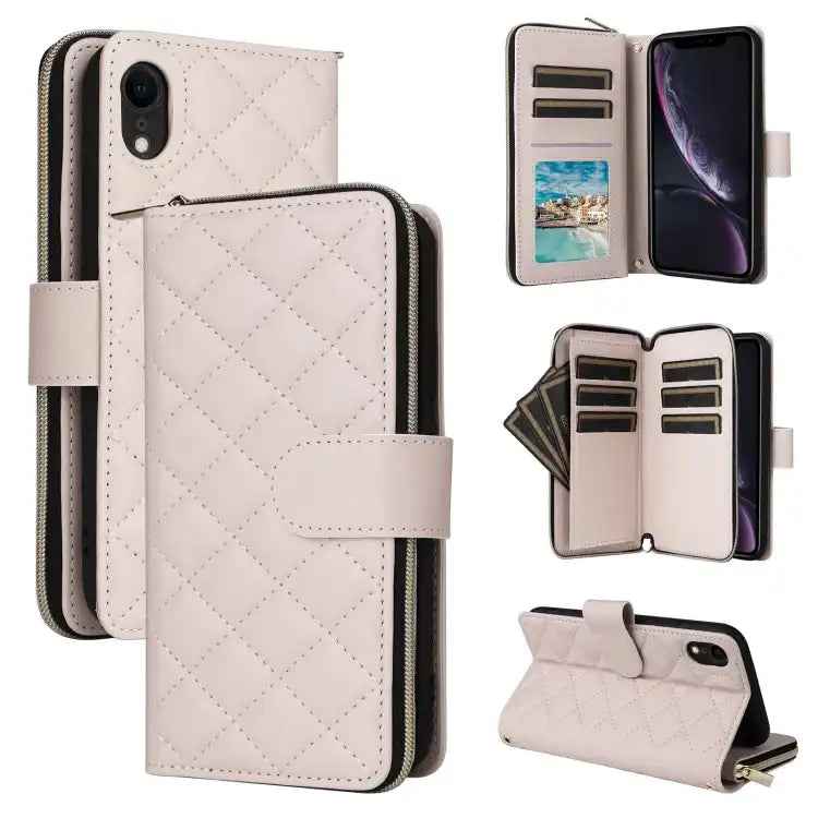 Crossbody Rhombic Zipper Tower Buckle Leather Phone Case with Lanyard