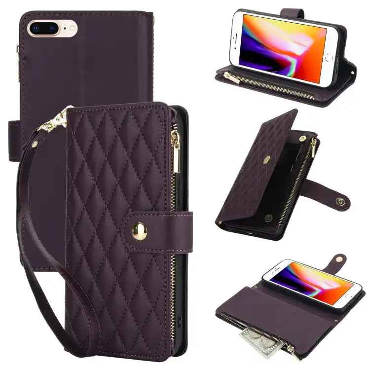 YM016 Rhombic Zipper Card Wallet Leather Phone Case with Lanyard
