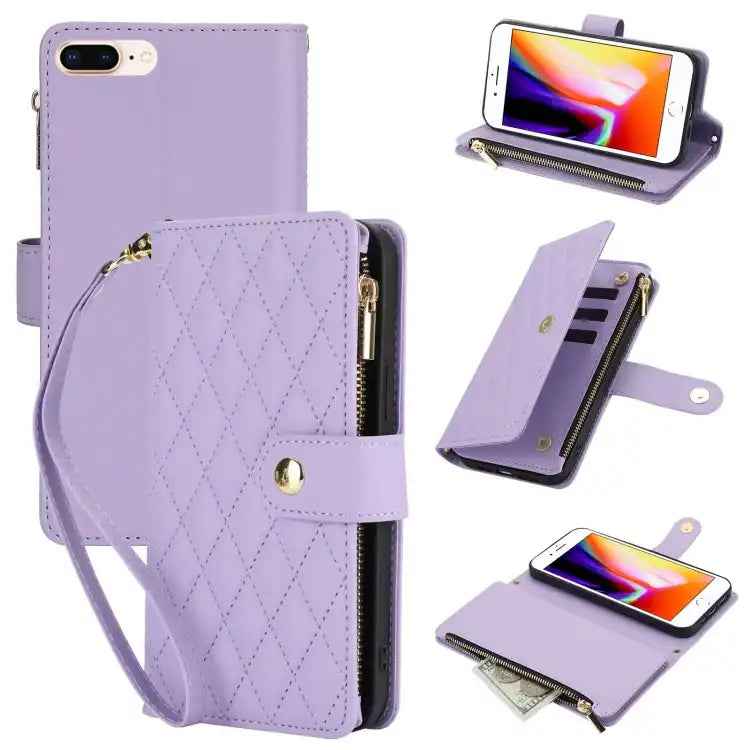 YM016 Rhombic Zipper Card Wallet Leather Phone Case with Lanyard