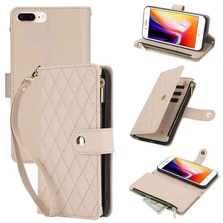 YM016 Rhombic Zipper Card Wallet Leather Phone Case with Lanyard