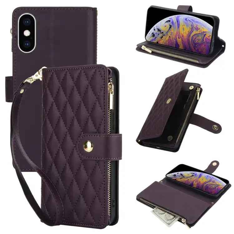 YM016 Rhombic Zipper Card Wallet Leather Phone Case with Lanyard
