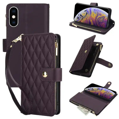 YM016 Rhombic Zipper Card Wallet Leather Phone Case with Lanyard