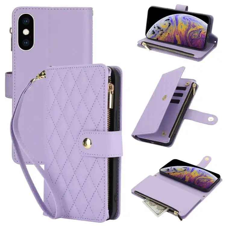 YM016 Rhombic Zipper Card Wallet Leather Phone Case with Lanyard