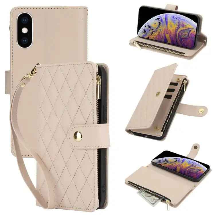 YM016 Rhombic Zipper Card Wallet Leather Phone Case with Lanyard