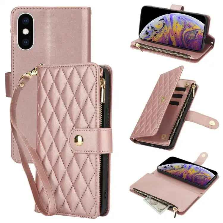YM016 Rhombic Zipper Card Wallet Leather Phone Case with Lanyard