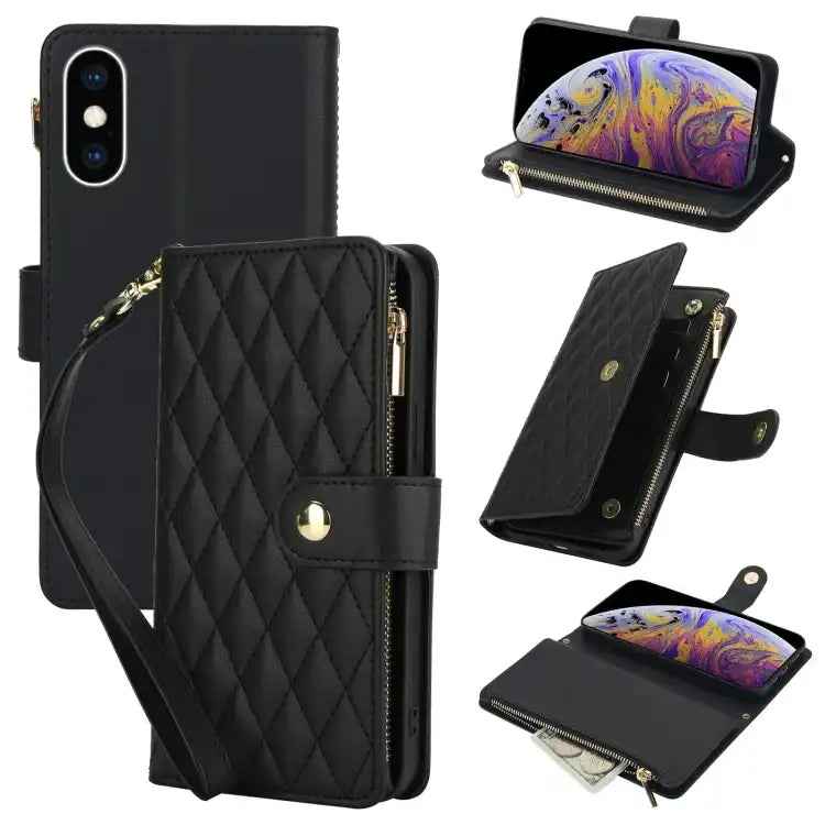 YM016 Rhombic Zipper Card Wallet Leather Phone Case with Lanyard