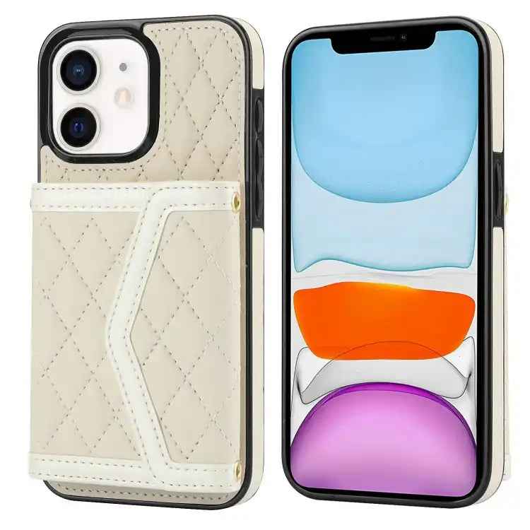 Splicing Rhombic Texture Card Bag Phone Case with Long Lanyard