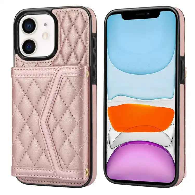 Splicing Rhombic Texture Card Bag Phone Case with Long Lanyard