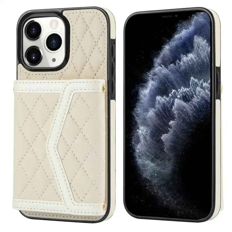 Splicing Rhombic Texture Card Bag Phone Case with Long Lanyard