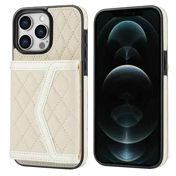 Splicing Rhombic Texture Card Bag Phone Case with Long Lanyard