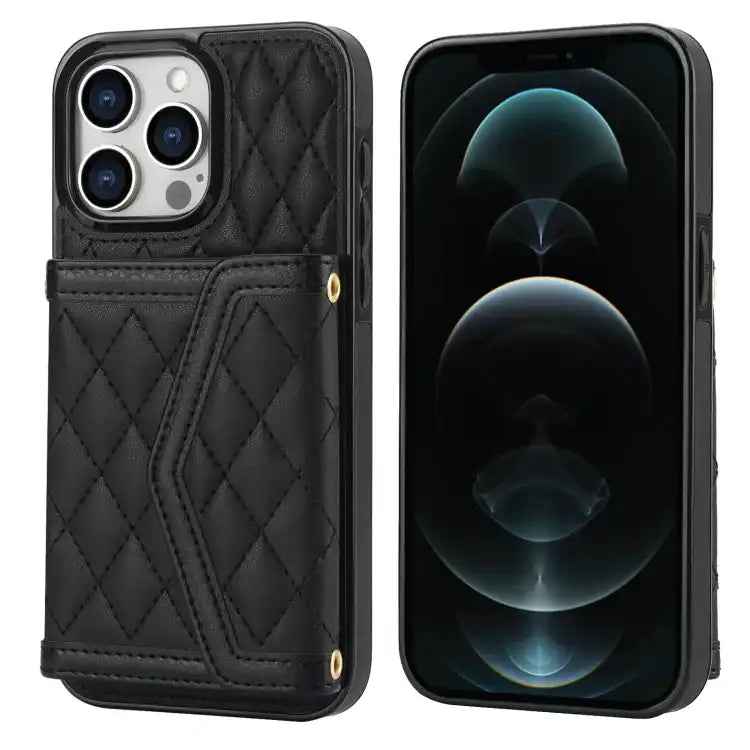 Splicing Rhombic Texture Card Bag Phone Case with Long Lanyard