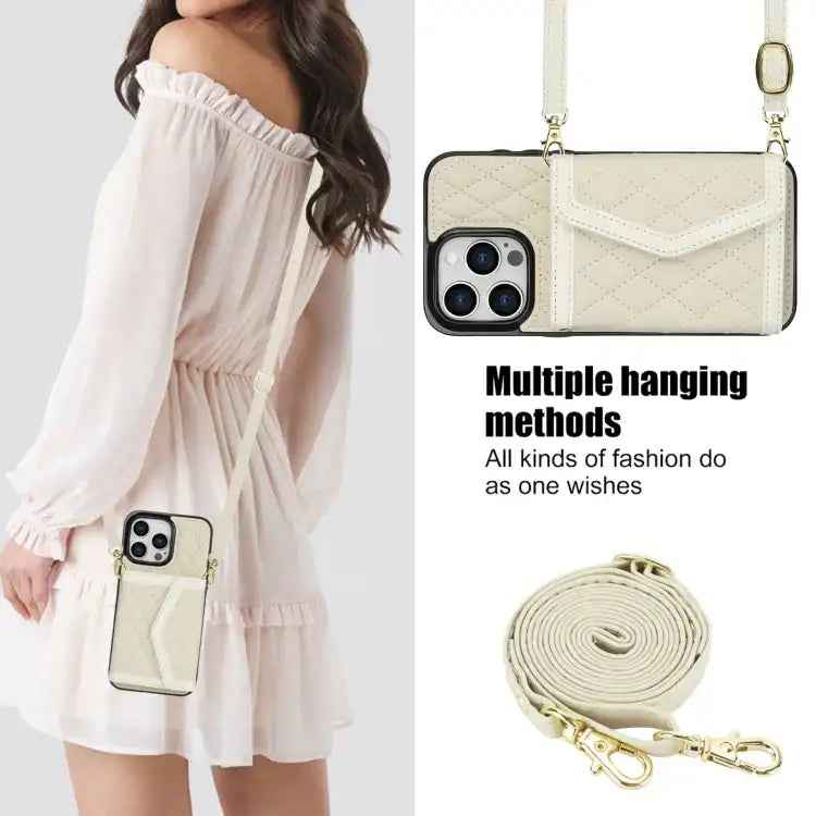 Splicing Rhombic Texture Card Bag Phone Case with Long Lanyard