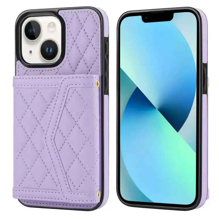 Splicing Rhombic Texture Card Bag Phone Case with Long Lanyard