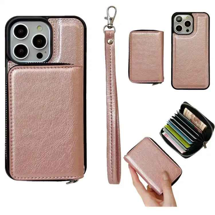 Solid Color Zipper 11-Card Slots Bag Phone Case with Lanyard