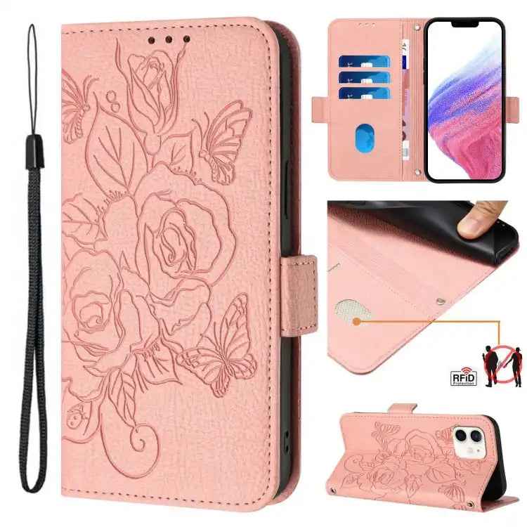 Embossed Rose RFID Anti-theft Leather Phone Case