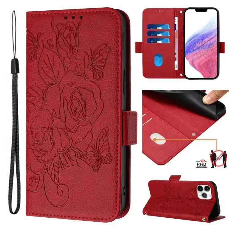 Embossed Rose RFID Anti-theft Leather Phone Case